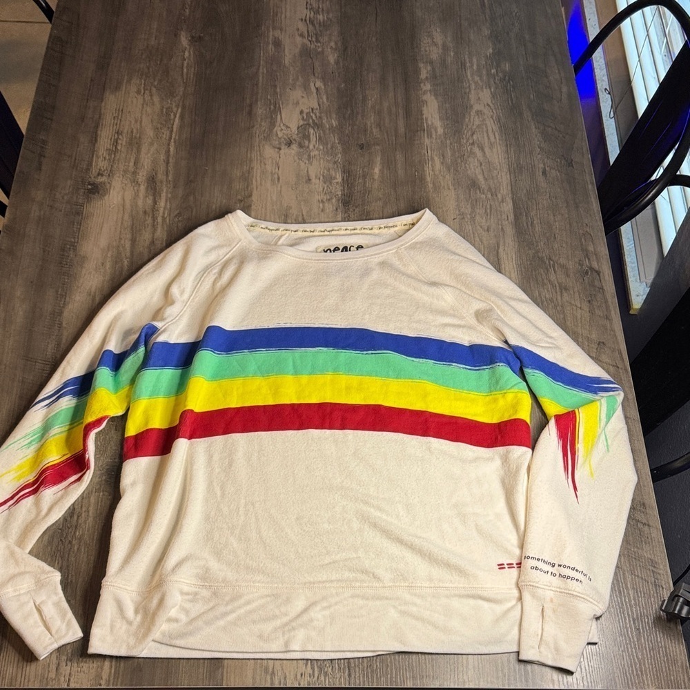 Peace Love World Cream Oversized Sweater with Rainbow Stripes